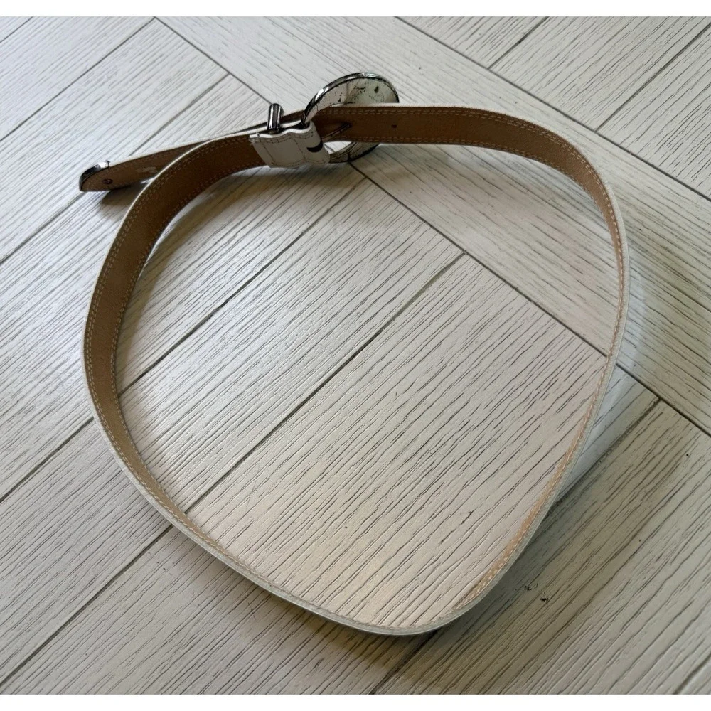 Vtg 1988 LIZ CLAIBORNE Women's L Wide‎ Belt White Leather Turquoise Buckle Retro